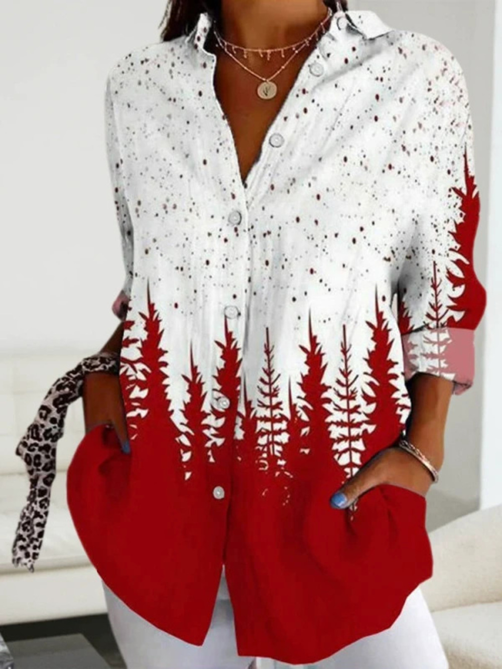 ZARA Fashionable Notch Collar Button Front Placement Print Shirt